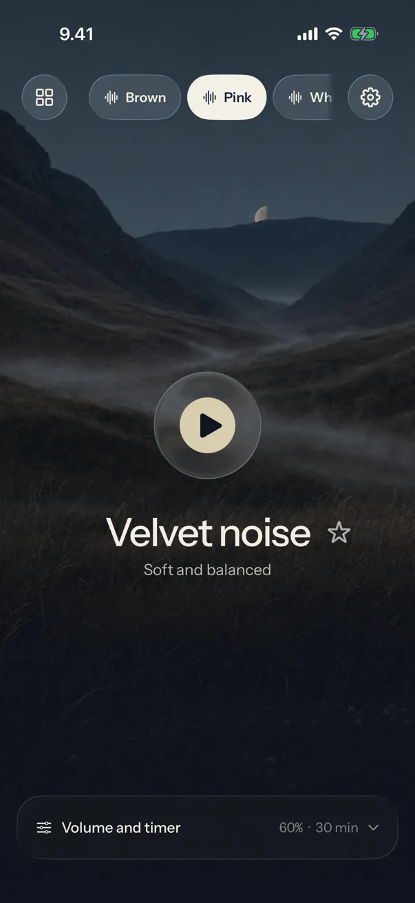 Hush playing Velvet noise over a misty valley