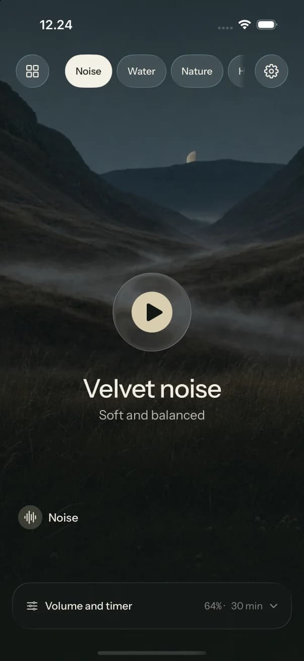 Hush playing Velvet noise over a misty valley