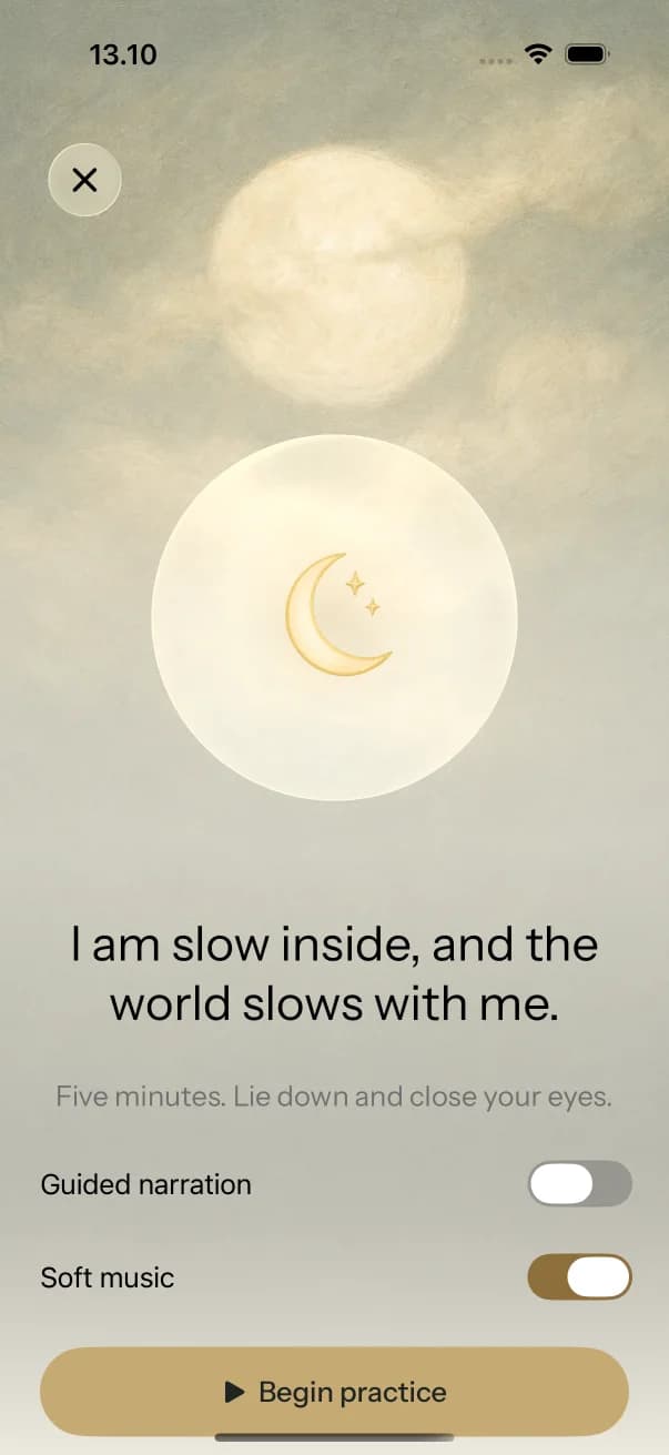 The bedtime practice with a gold moon emblem