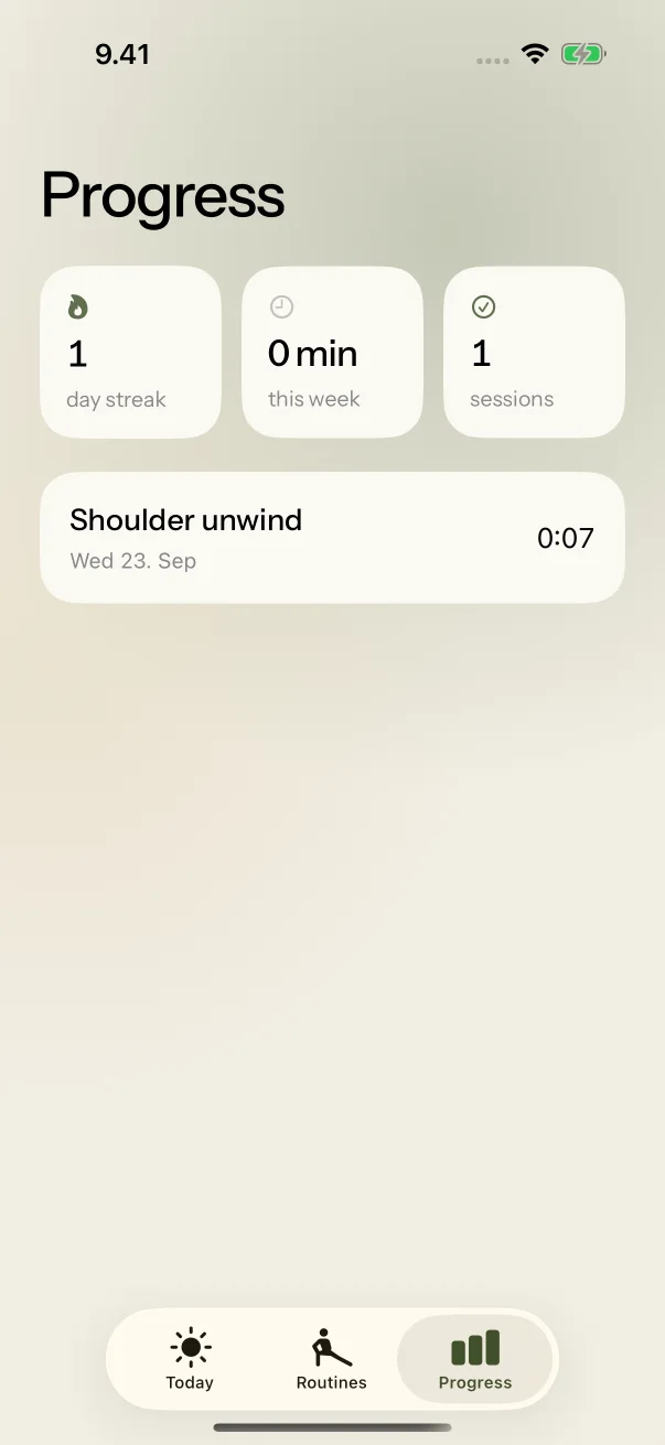 Progress with a day streak, minutes and sessions