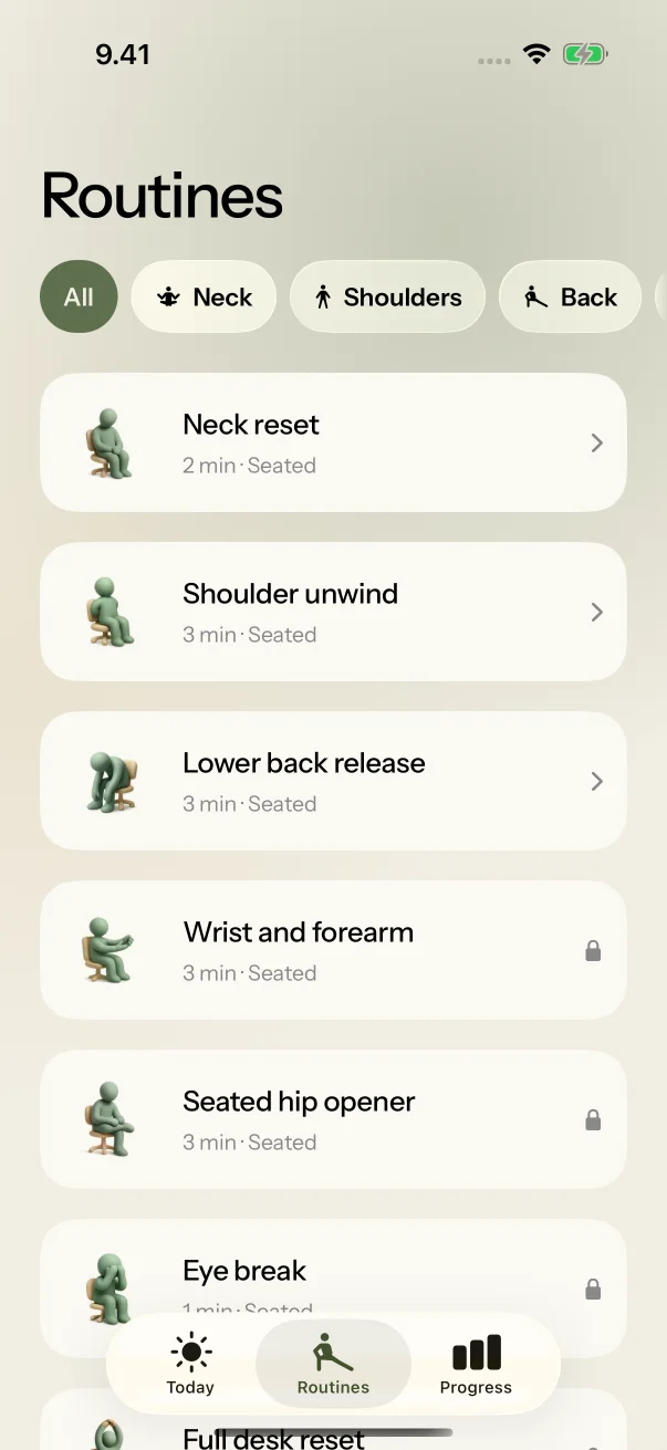 The routine library filtered by body area
